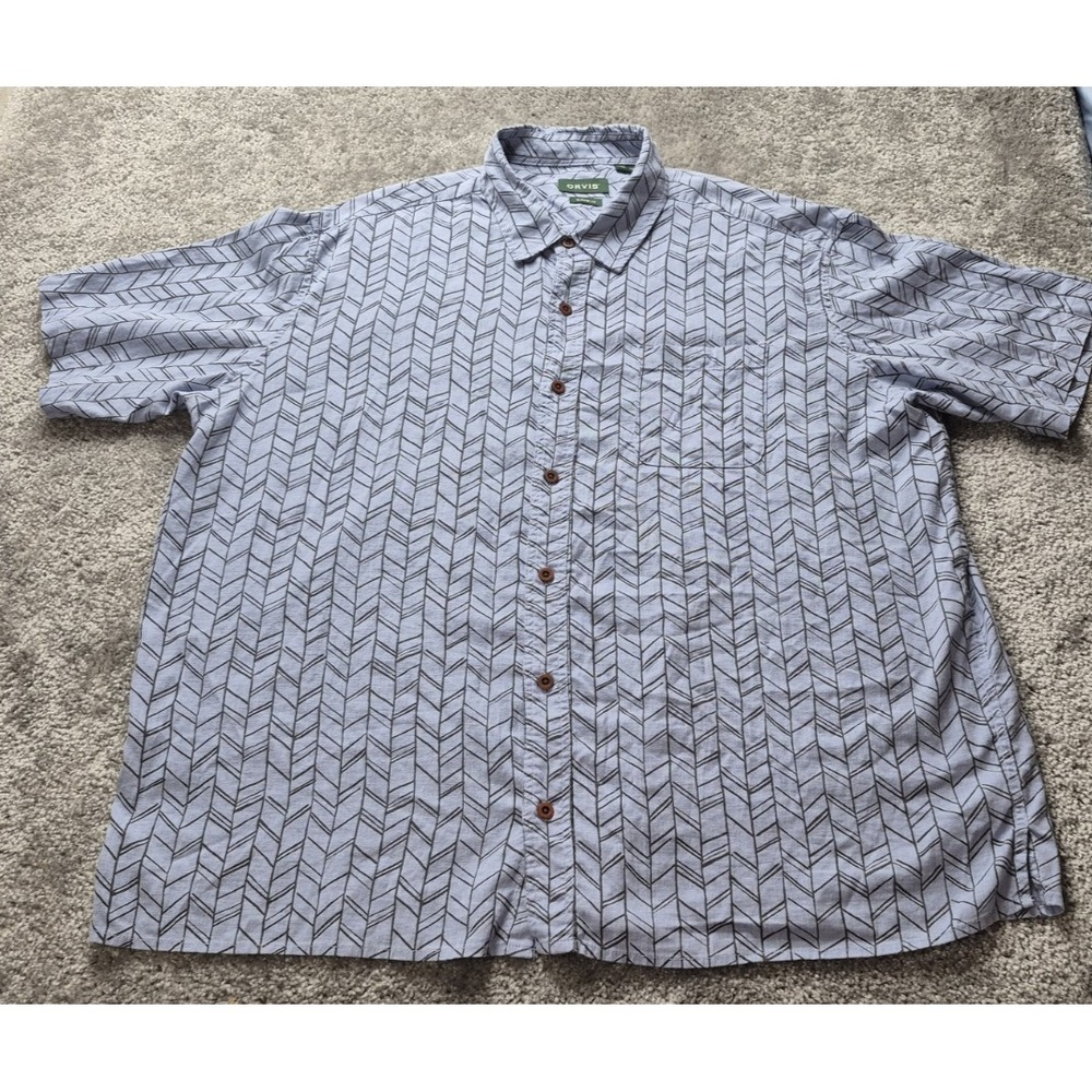 Orvis Shirt Mens XXL Blue Black Classic Fit Hemp Blend Short Sleeve Button Up